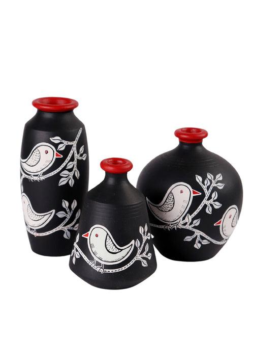 Hand Painted Chiraiya White Bird Black Small Terracotta Pots Set of Three