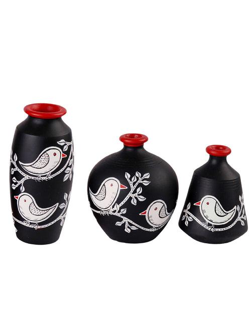 Hand Painted Chiraiya White Bird Black Small Terracotta Pots Set of Three