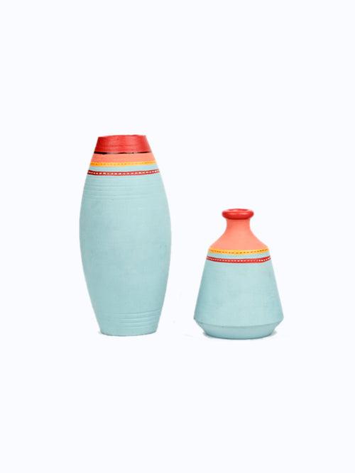 Hand Crafted Chiraiya Pastel Blue Terracotta Pots Set of Two