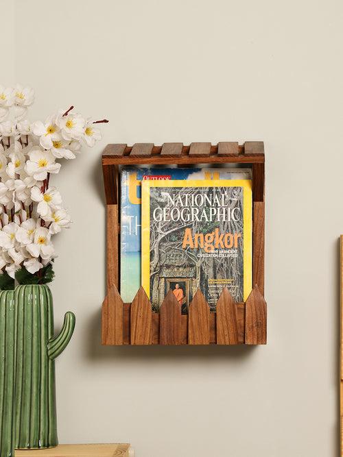 Hand Crafted Sheesham Wood Hut Magazine Holder with Wall Mounting Option