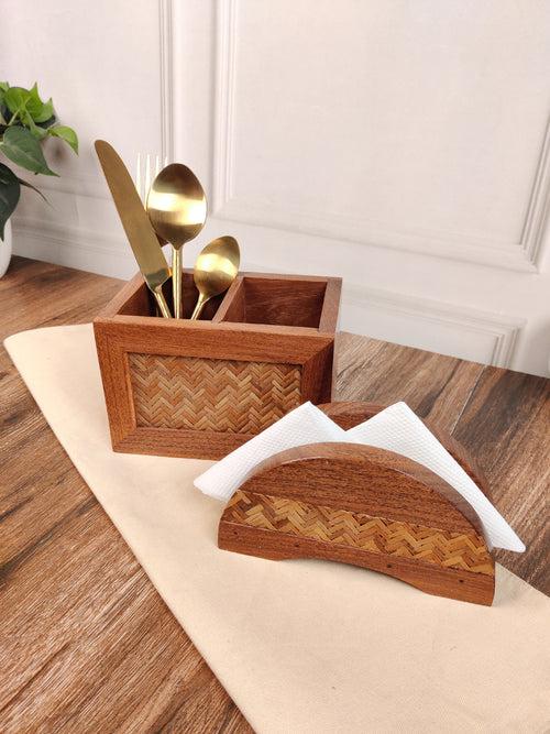 Hand Crafted Acacia Wood Chatai Cutlery & Tissue Holder Set