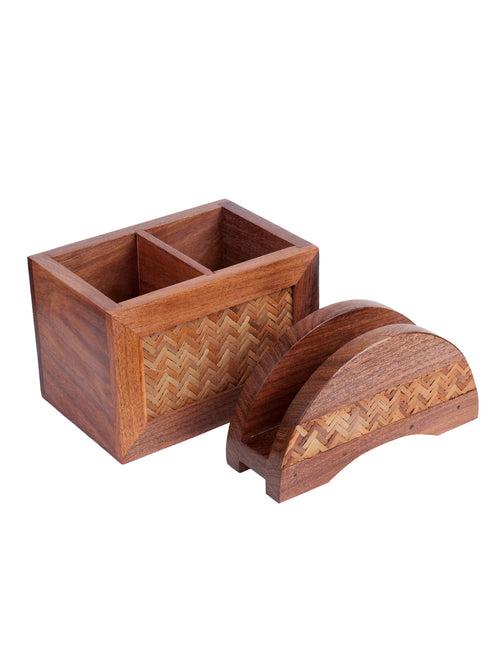 Hand Crafted Acacia Wood Chatai Cutlery & Tissue Holder Set