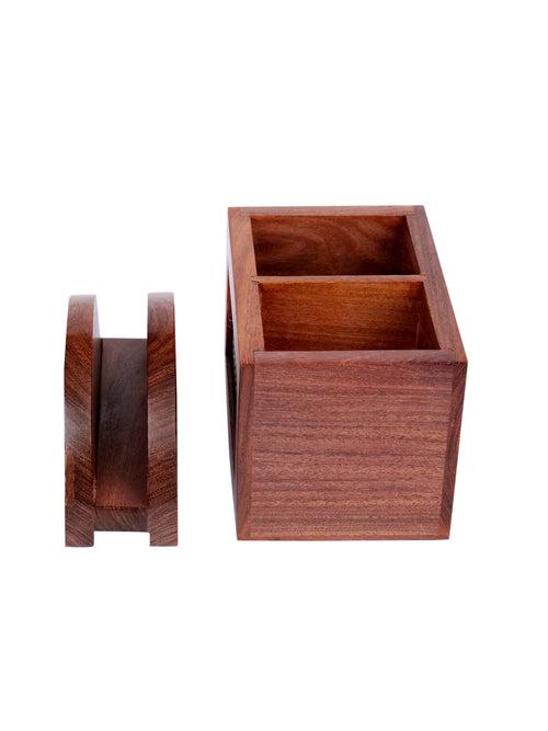 Hand Crafted Acacia Wood Chatai Cutlery & Tissue Holder Set