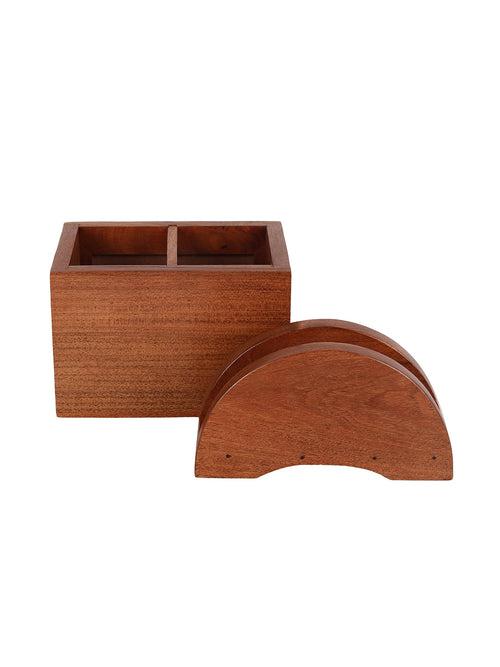 Hand Crafted Acacia Wood Chatai Cutlery & Tissue Holder Set