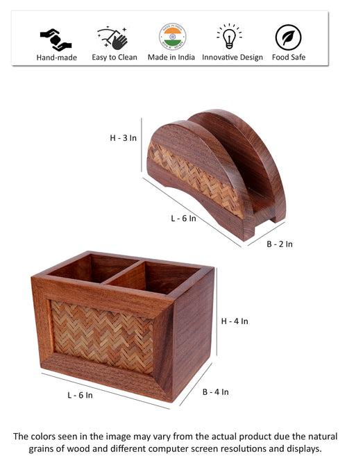 Hand Crafted Acacia Wood Chatai Cutlery & Tissue Holder Set