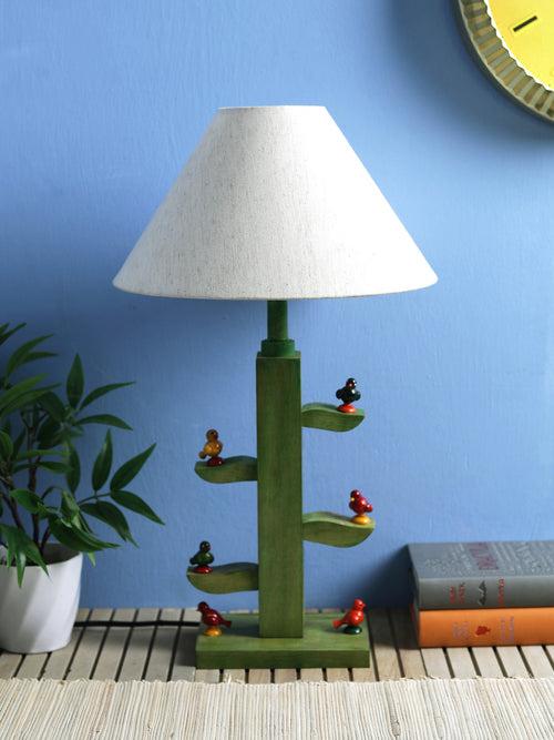 Morning Sparrow Hand Crafted Green Tree Wooden Lamp with Cute Wooden Birds