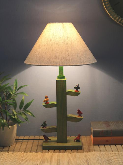 Morning Sparrow Hand Crafted Green Tree Wooden Lamp with Cute Wooden Birds