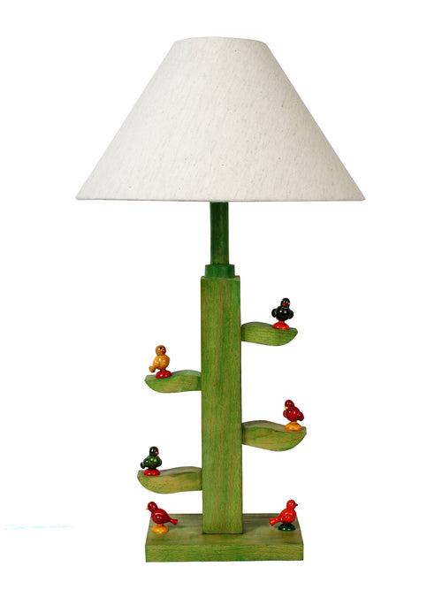 Morning Sparrow Hand Crafted Green Tree Wooden Lamp with Cute Wooden Birds