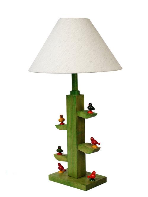 Morning Sparrow Hand Crafted Green Tree Wooden Lamp with Cute Wooden Birds