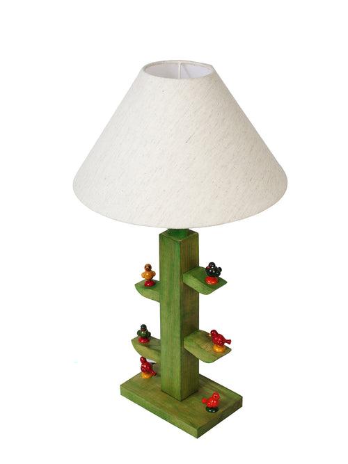 Morning Sparrow Hand Crafted Green Tree Wooden Lamp with Cute Wooden Birds