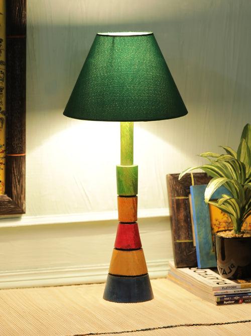 Multicolored Wooden Table Lamp with Green Shade
