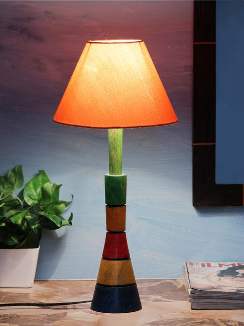 Multicolored Wooden Taper Table Lamp with Orange Shade