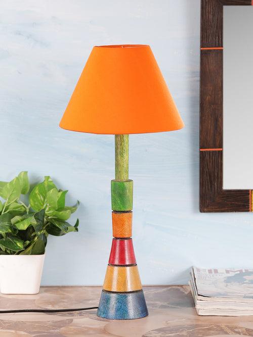 Multicolored Wooden Taper Table Lamp with Orange Shade