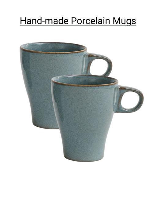 Handmade Blue Porcelain Finger Handled Mugs Set of Two