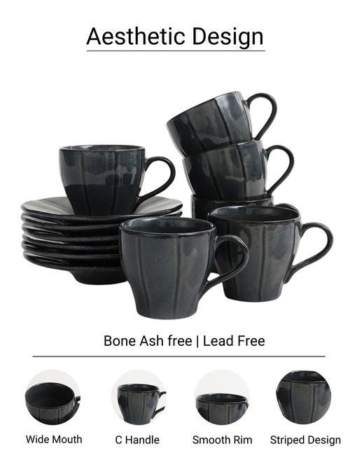 Shades of Black Handmade Porcelain Cup Saucers Set of 6