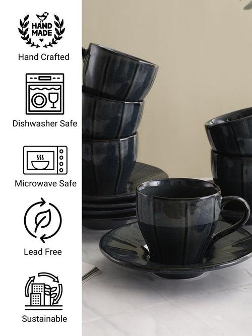 Shades of Black Handmade Porcelain Cup Saucers Set of 6