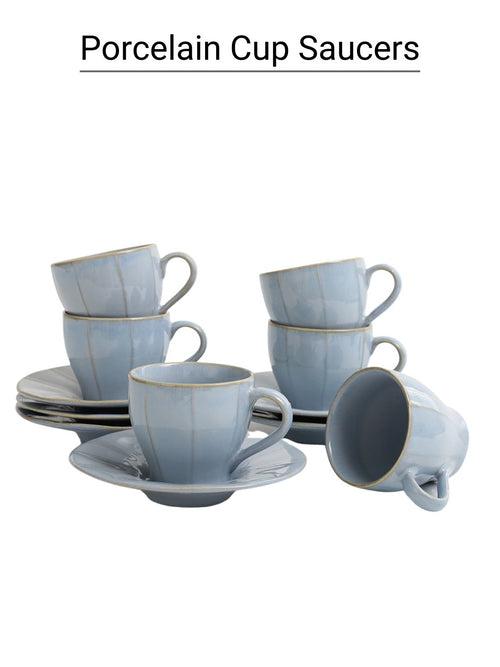 Sky Blue Handmade Porcelain Cup Saucers Set of 6