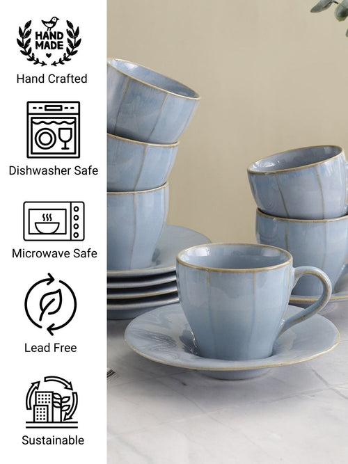 Sky Blue Handmade Porcelain Cup Saucers Set of 6