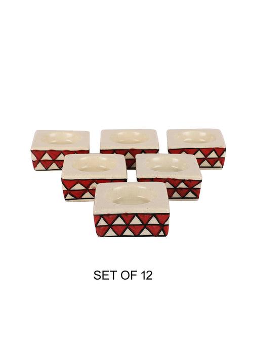 Red Triangles Square Ceramic Diyas/ Tea Light Holders 12 Pc Set