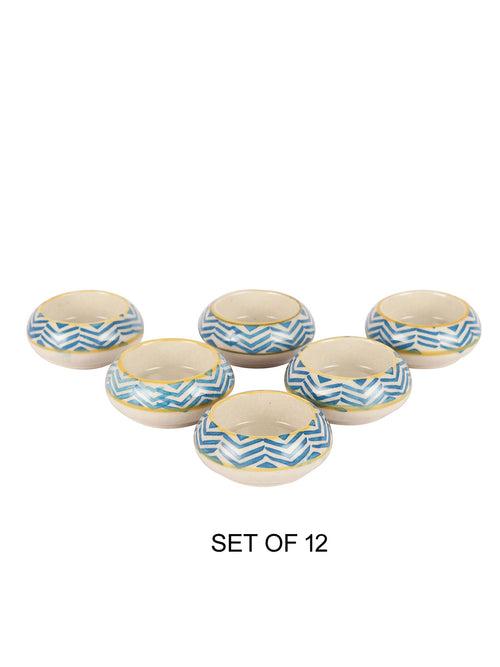 Blue Zigzag  Ceramic Diyas/ Tea Light Holders 12 Pc Set