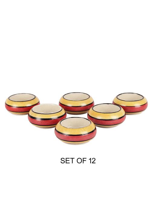 Red Yellow Stripes Ceramic Diyas/ Tea Light Holders 12 Pc Set