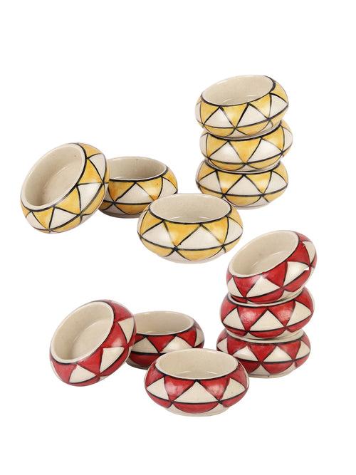 Red and Yellow Triangles Ceramic Diyas/ Tea Light Holders 12 Pc Set