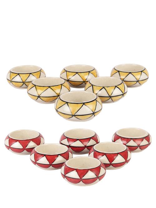 Red and Yellow Triangles Ceramic Diyas/ Tea Light Holders 12 Pc Set