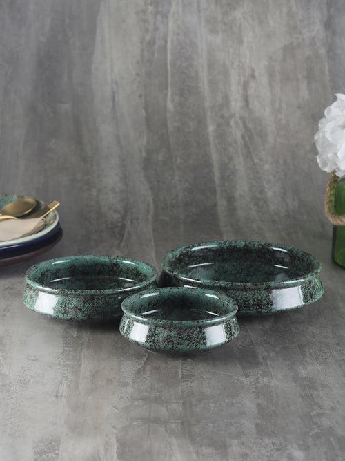 Foliage Green Ceramic Flat Serving Bowls Set of Three