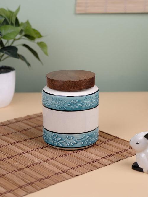 Aqua Green White Embossed Ceramic Air Tight Jar with Wooden Lid