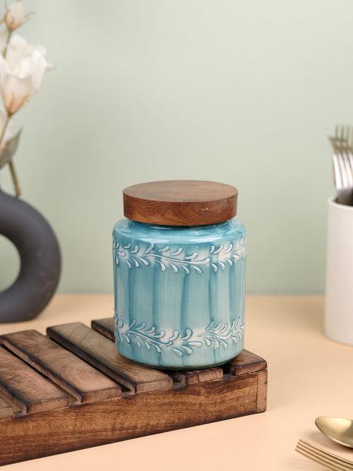 Aqua Green Embossed Ceramic Air Tight Jar with Wooden Lid