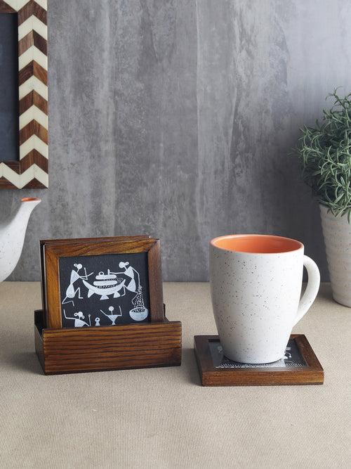 Hand-made Black Warli Teak Wood Coasters Set of Four