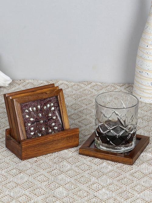 Hand-made Maroon Kundan Work Teak Wood Coasters Set of Four