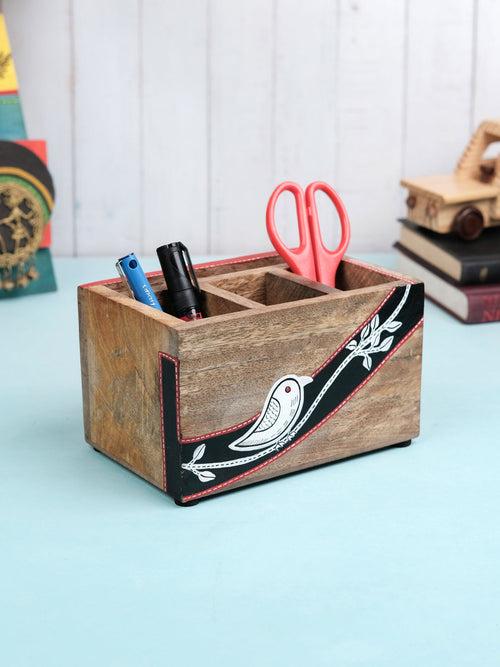 Chiraiya Black Bird Mango Wood Pen Holder/ Desk Organizer