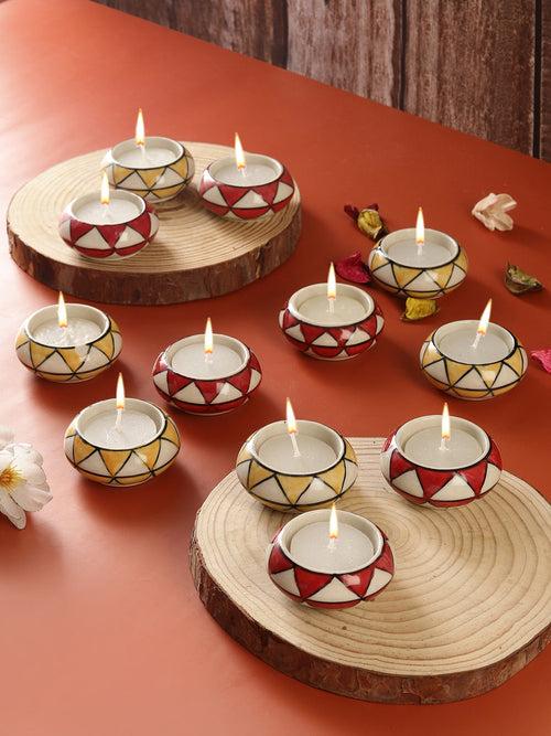 Red and Yellow Triangles Ceramic Diyas/ Tea Light Holders 12 Pc Set