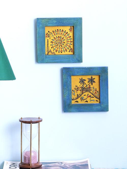 Blue Yellow Small Warli Wall Hanging Set