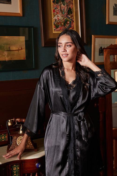 Smooth Smoke Satin 3 Piece Robe & Cami Pyjama Set