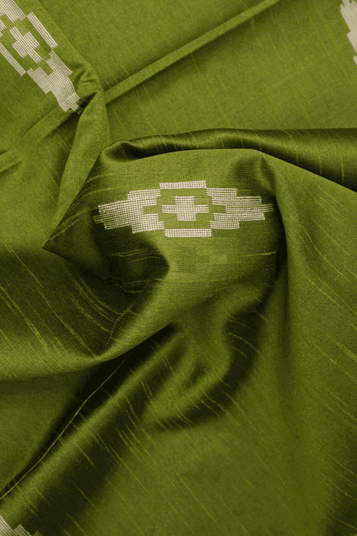 Allover Threadwork Motifs Olive Green Semi Jute Saree