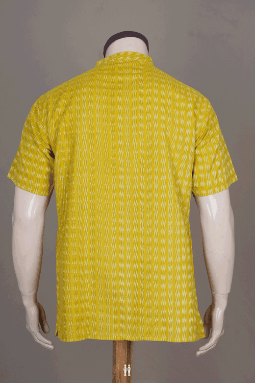 Chinese Collar Ikat Design Lemon Yellow Cotton Short Kurta