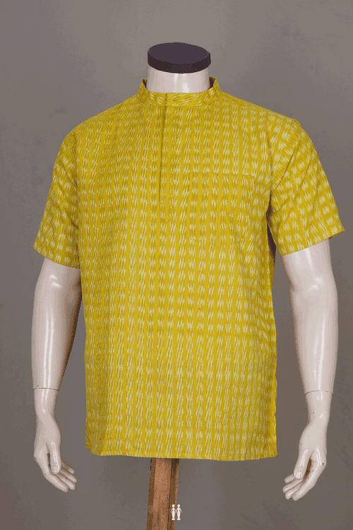 Chinese Collar Ikat Design Lemon Yellow Cotton Short Kurta