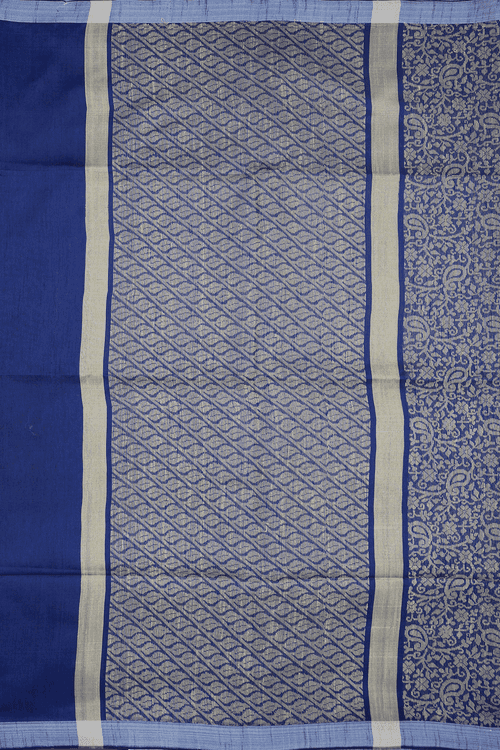 Floral Paisley Threadwork Design Royal Blue Semi Jute Saree