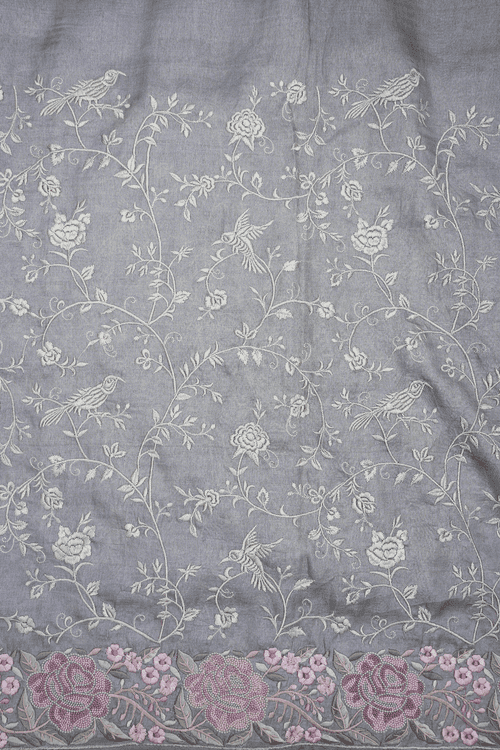 Floral Embroidered Design Steel Grey Tussar Silk Saree