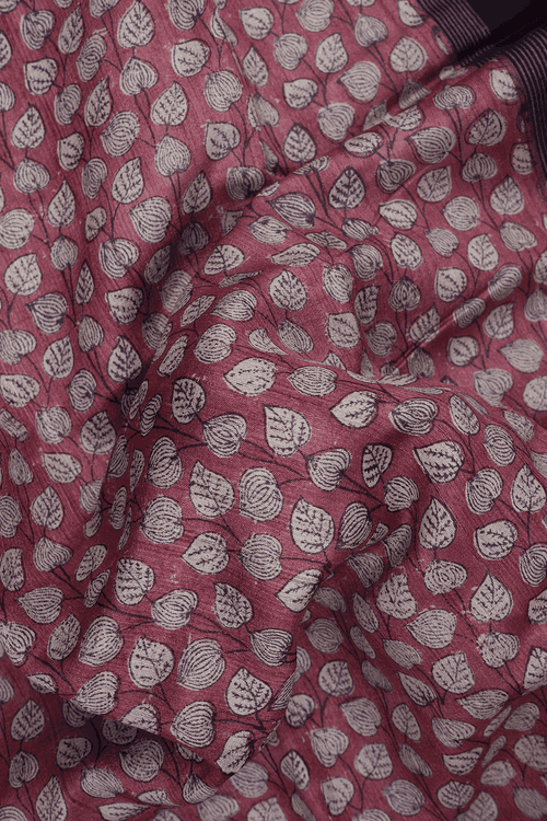 Leaf Printed Design Dusty Red Tussar Silk Saree