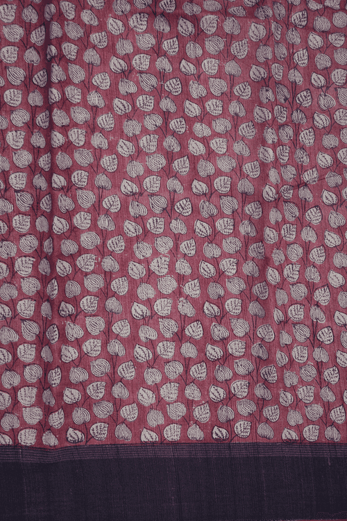 Leaf Printed Design Dusty Red Tussar Silk Saree