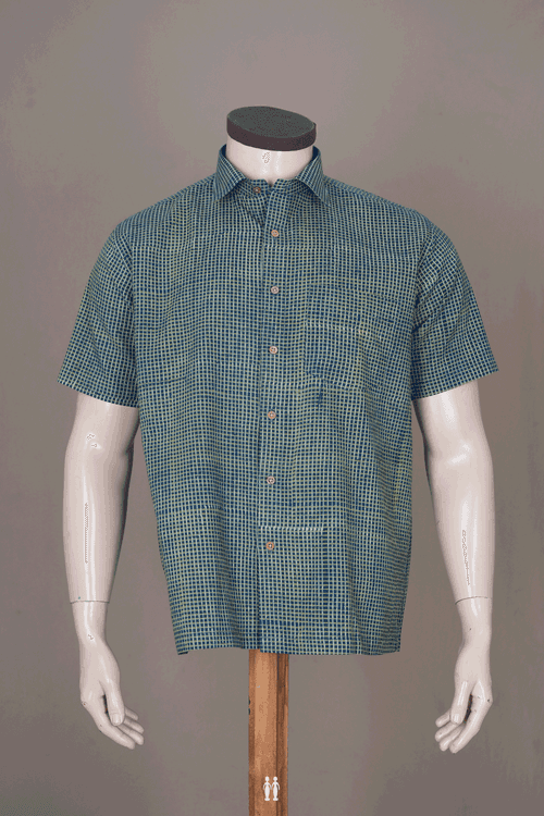 Regular Collar Square Design Shades Of Green Cotton Shirt