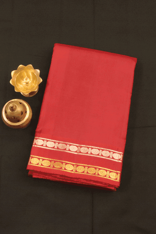 Rudraksh Zari Border Plain Cherry Red Kanchipuram Silk Saree