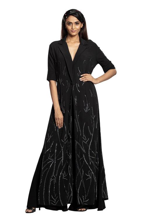 Neha Dhupia In Our Black Long Coat And Slip Gown Set