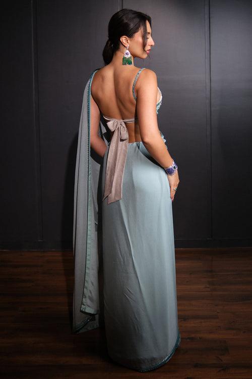 Ice-Blue and Taupe Embroidered Saree