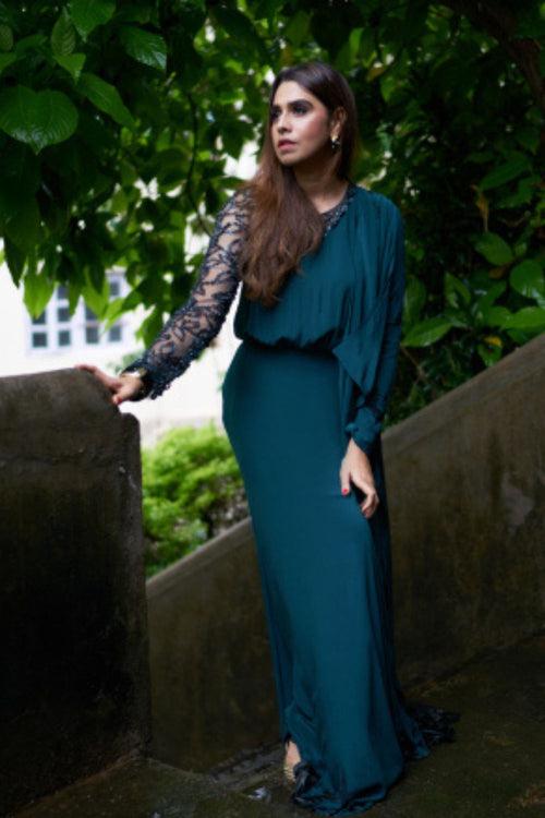 Summiyya In Our Forest Green Waterfall Gown