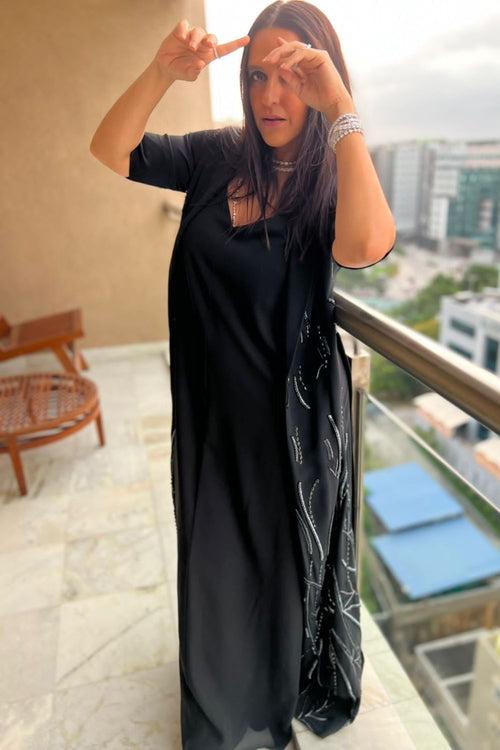 Neha Dhupia In Our Black Long Coat And Slip Gown Set