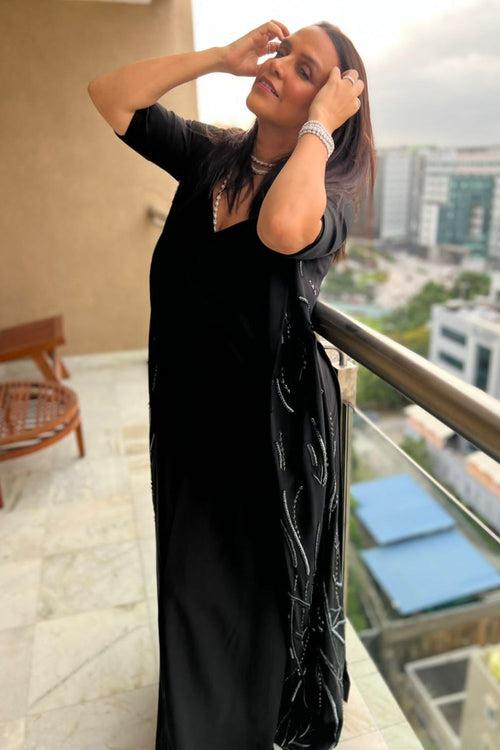 Neha Dhupia In Our Black Long Coat And Slip Gown Set